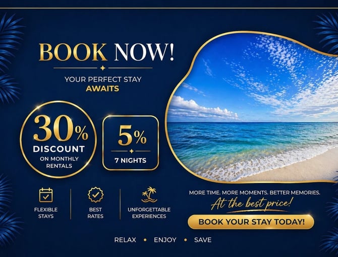 Banner promocional de alquileres vacacionales con una escena de playa tropical, que ofrece un 30 % de descuento en alquileres mensuales y un 5 % de descuento en estancias de siete noches