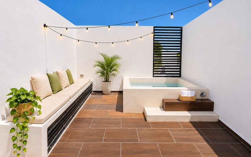 Rooftop terrace with plunge pool and string lights