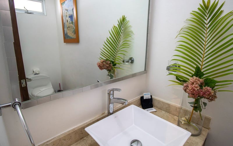 Bathroom with vessel sink and palm decor