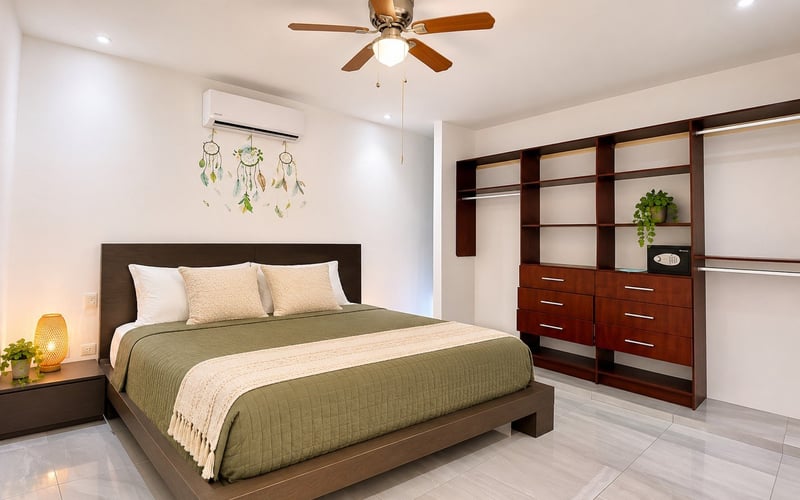 Master bedroom with open wardrobe