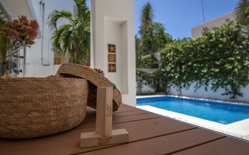 Outdoor table with pool view